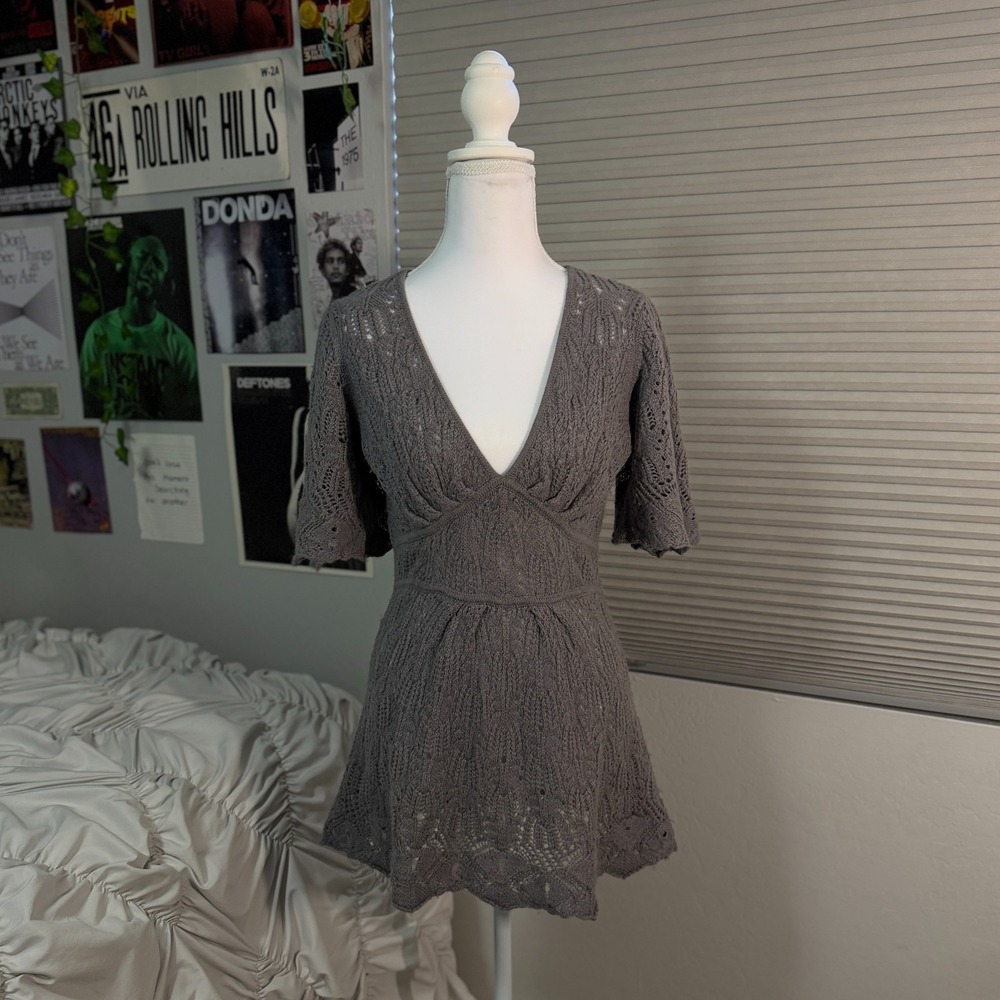 Catherine Malandrino Gray Knit V-Neck Dress Women Small Short Sleeve Fit & Flair
